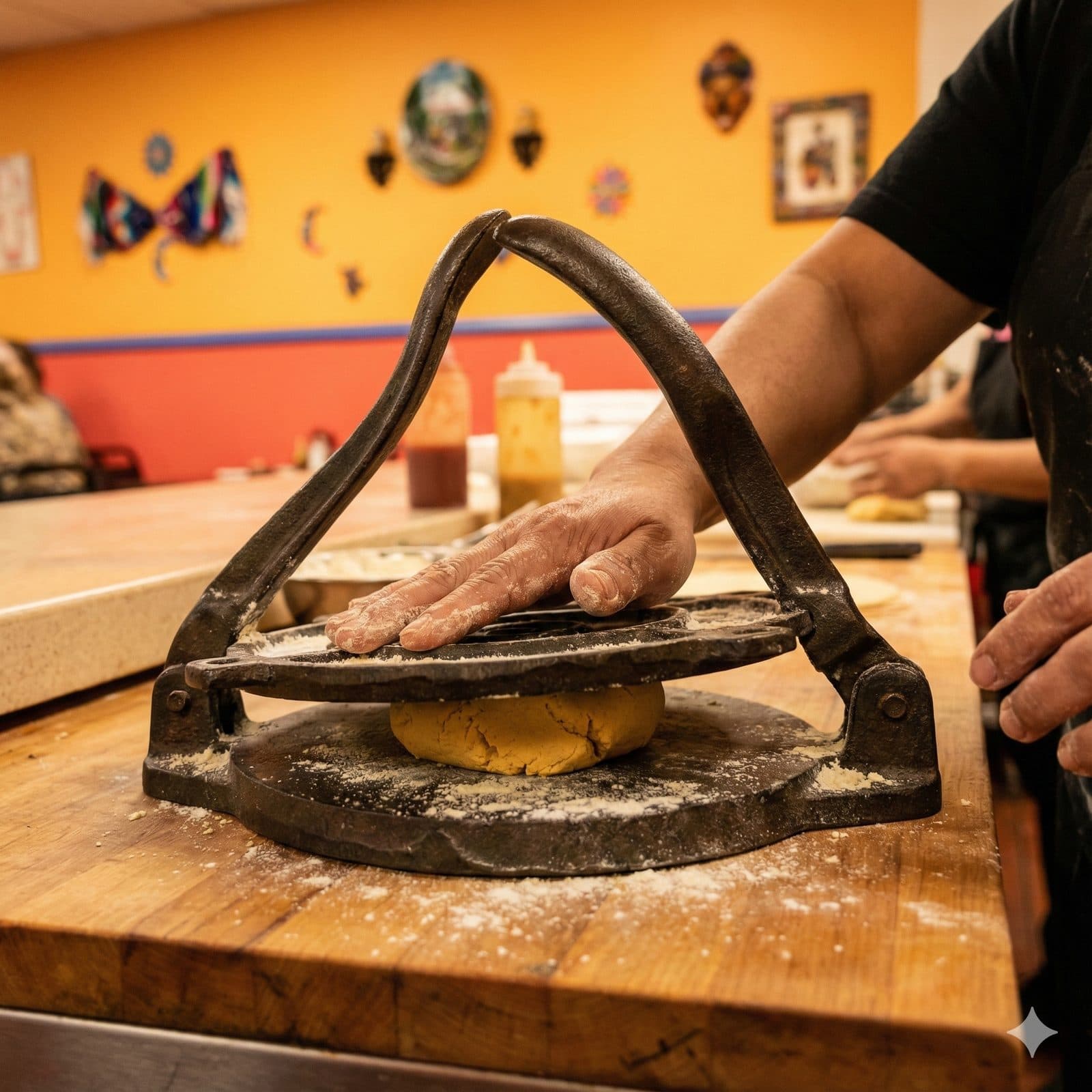 Handmade corn tortillas being pressed fresh every morning at Casa Noble
